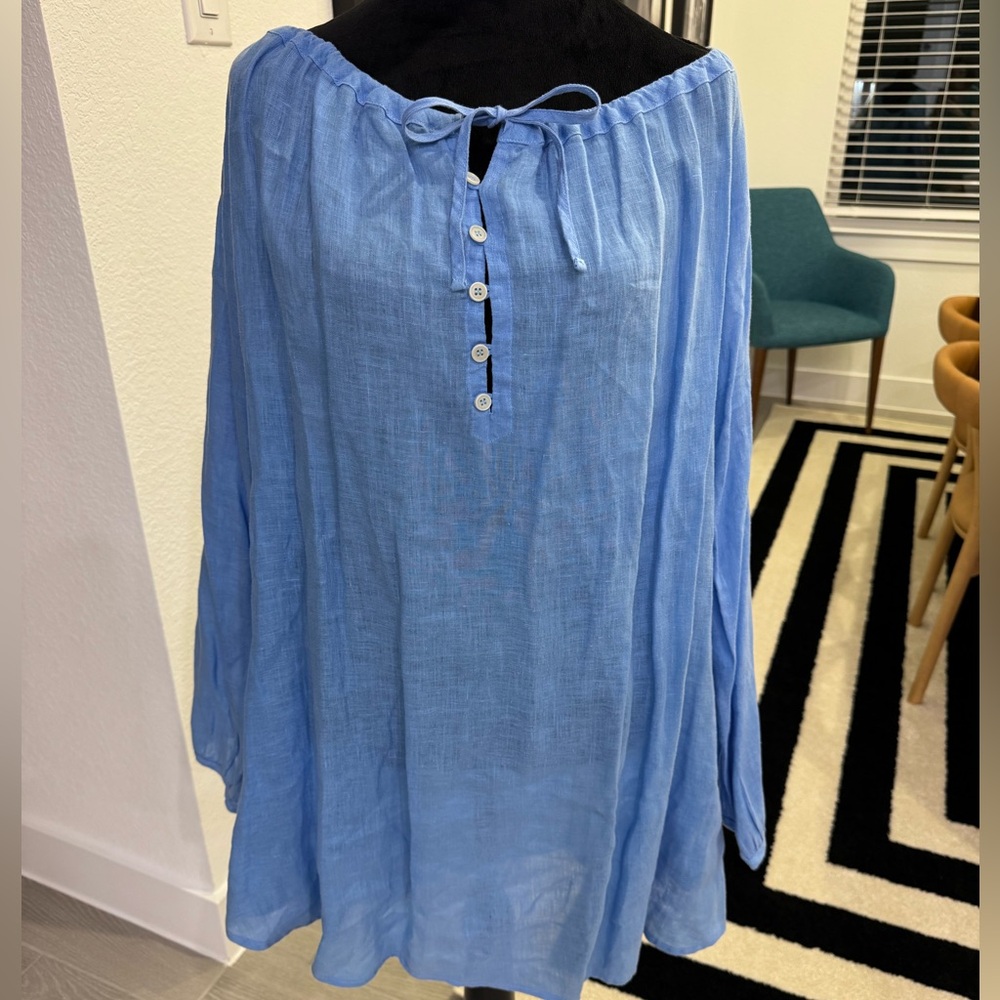 CP SHADES 100% Linen Tunic Top Blue W/ Pockets Size Large GUC